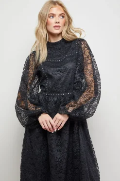 Robe Maxi Bohème à Manches Longues avec Bordure en Dentelle et Bords Festonnés