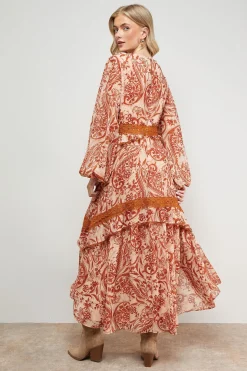 Robe Maxi Boho Imprimée avec Détails en Dentelle Volumineuse