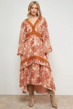Robe Maxi Boho Imprimée avec Détails en Dentelle Volumineuse