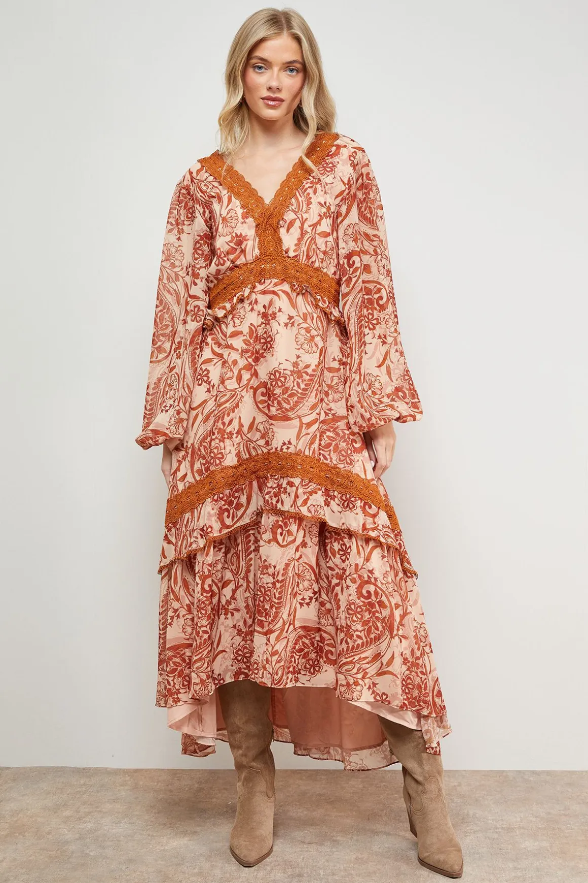 Robe Maxi Boho Imprimée avec Détails en Dentelle Volumineuse