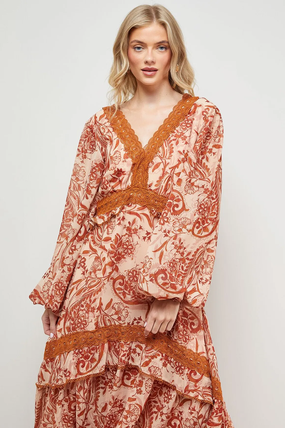 Robe Maxi Boho Imprimée avec Détails en Dentelle Volumineuse