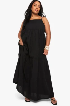 Robe Maxi À Bretelles Effet Lin À Volants Étagés Grande Taille