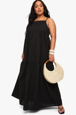 Robe Maxi À Bretelles Effet Lin À Volants Étagés Grande Taille