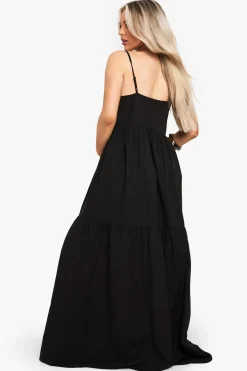 Robe Maxi À Bretelles Étagée Aspect Lin De Maternité