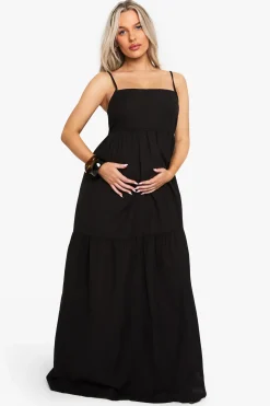 Robe Maxi À Bretelles Étagée Aspect Lin De Maternité