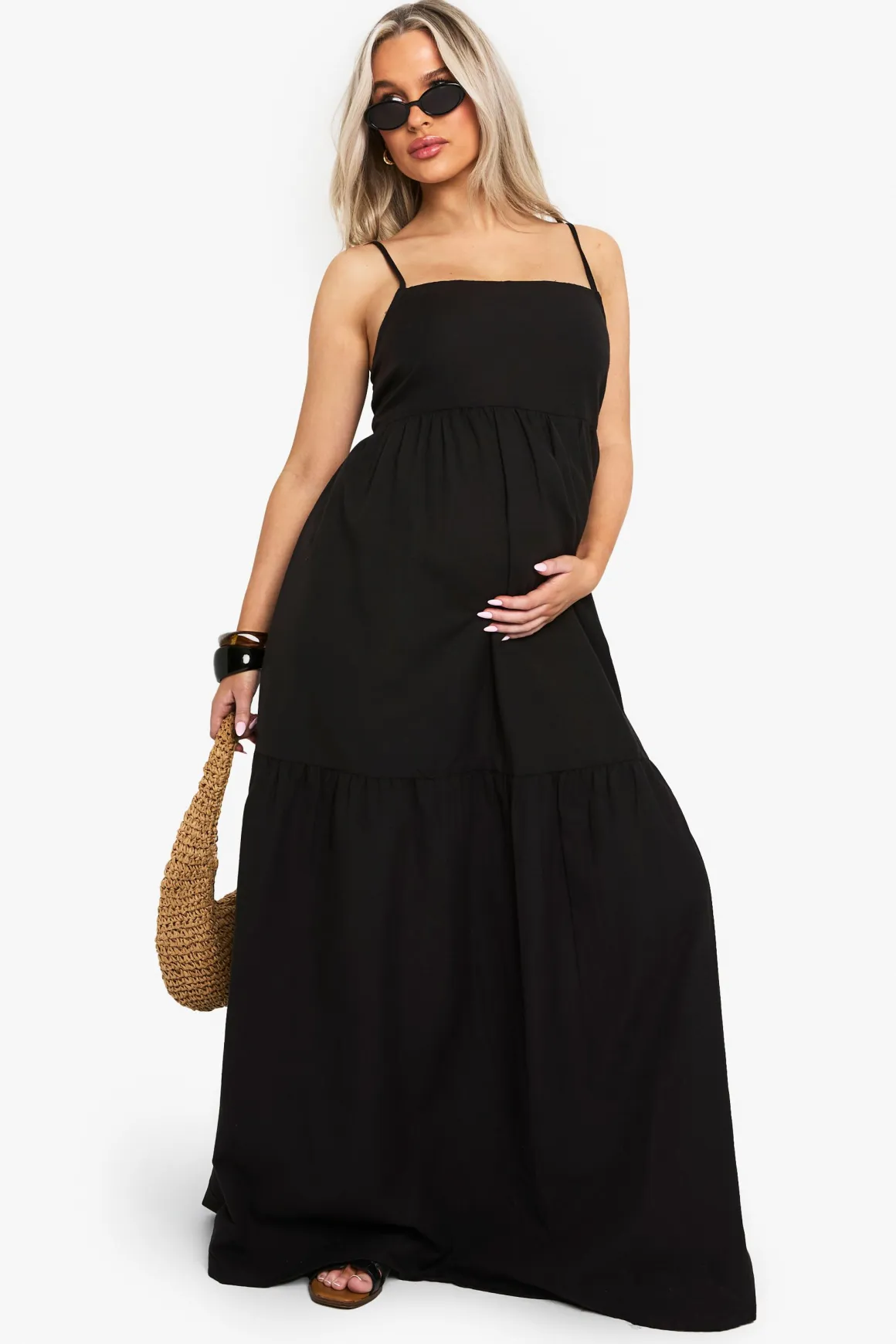 Robe Maxi À Bretelles Étagée Aspect Lin De Maternité
