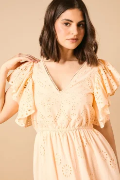 Robe Maxi à Broderie Anglaise Col V et Manches Papillon