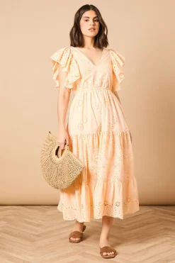 Robe Maxi à Broderie Anglaise Col V et Manches Papillon