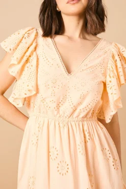 Robe Maxi à Broderie Anglaise Col V et Manches Papillon