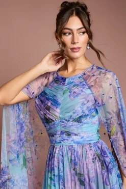 Robe Maxi Cape en Maille Plissée Imprimée avec Pierres Précieuses