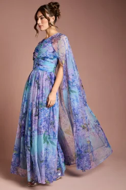 Robe Maxi Cape en Maille Plissée Imprimée avec Pierres Précieuses
