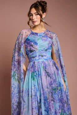 Robe Maxi Cape en Maille Plissée Imprimée avec Pierres Précieuses