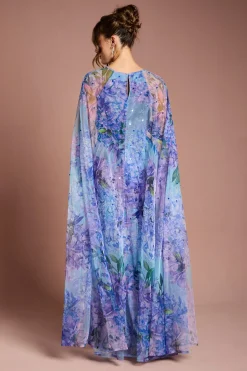 Robe Maxi Cape en Maille Plissée Imprimée avec Pierres Précieuses