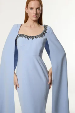 Robe maxi cape en viscose crêpe tissée ornée de cristaux