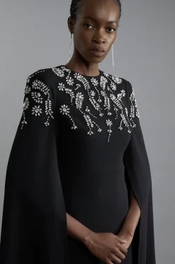 Robe maxi cape en viscose extensible compacte ornée de cristaux
