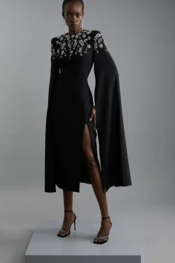 Robe maxi cape en viscose extensible compacte ornée de cristaux