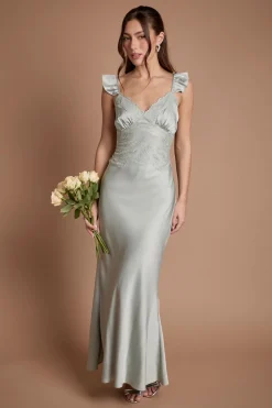 Robe Maxi Caraco Demoiselle D'honneur À Boutons Et Finitions Dentelle
