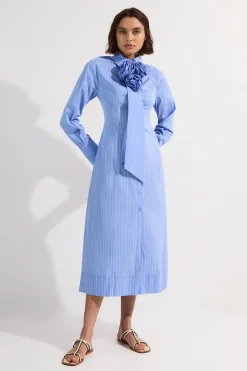 Robe maxi chemise tissée en coton à rosettes et rayures