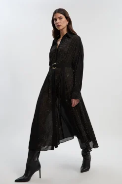 Robe Maxi Chemise Tissée à Manches Longues avec Clous Décoratifs Petite Taille