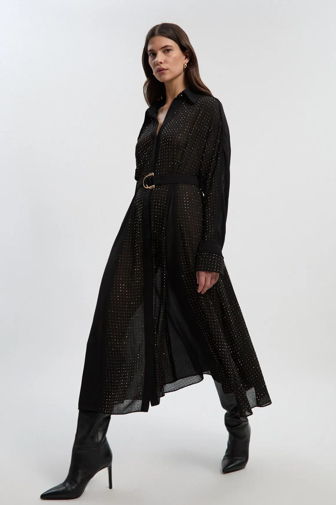 Robe Maxi Chemise Tissée à Manches Longues avec Clous Décoratifs Petite Taille