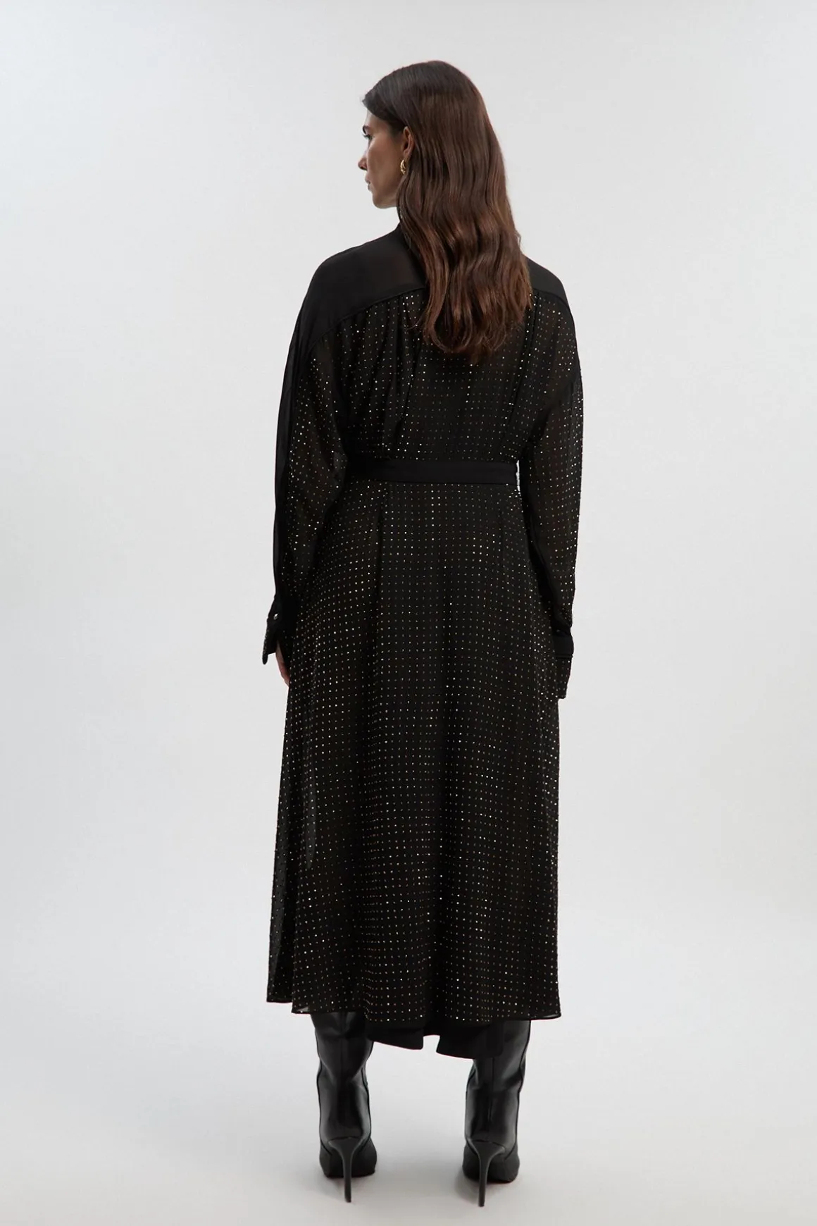 Robe Maxi Chemise Tissée à Manches Longues avec Clous Décoratifs Petite Taille
