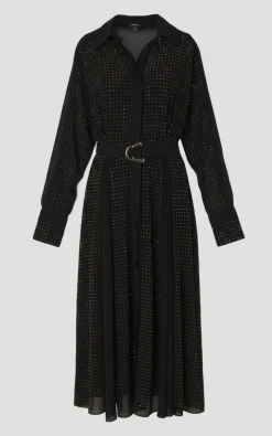 Robe Maxi Chemise Tissée à Manches Longues avec Clous Décoratifs Petite Taille