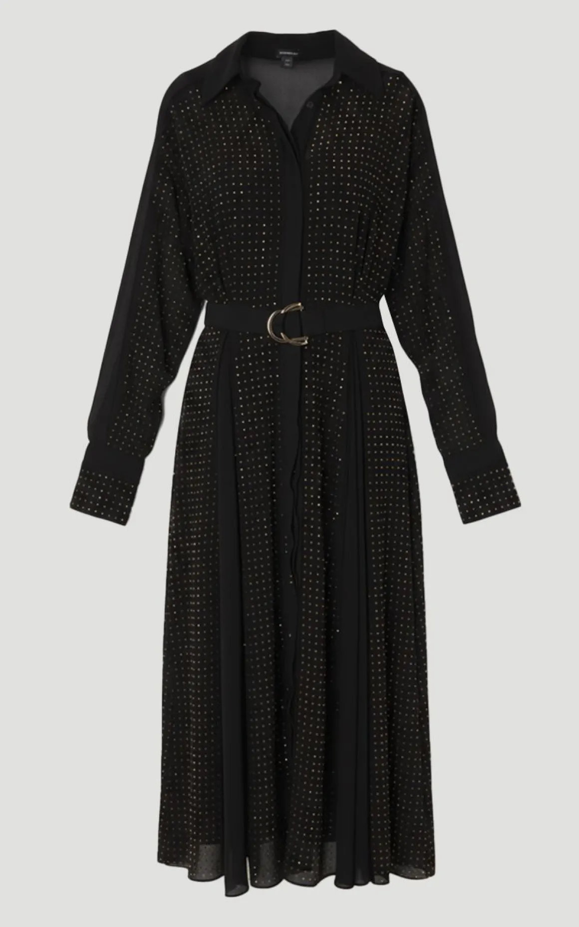 Robe Maxi Chemise Tissée à Manches Longues avec Clous Décoratifs Petite Taille