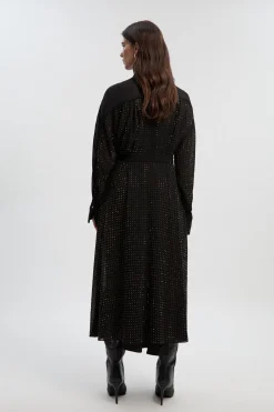 Robe Maxi Chemise Tissée à Manches Longues avec Clous Thermocollants