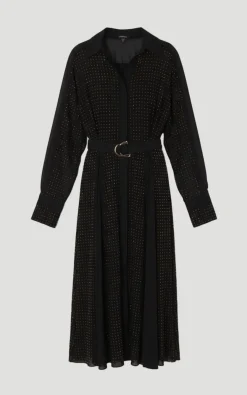 Robe Maxi Chemise Tissée à Manches Longues avec Clous Thermocollants