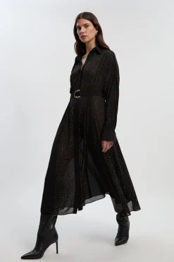 Robe Maxi Chemise Tissée à Manches Longues avec Clous Thermocollants