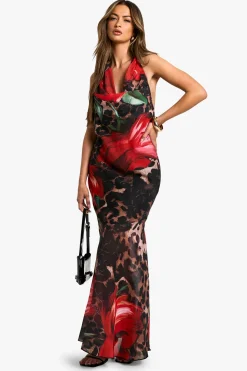boohoo Robe Maxi Chiffon à Encolure Halter – Mix Léopard & Floral<Femme Robes|Imprimé Léopard