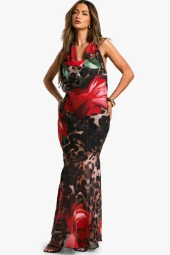 boohoo Robe Maxi Chiffon à Encolure Halter – Mix Léopard & Floral<Femme Robes|Imprimé Léopard
