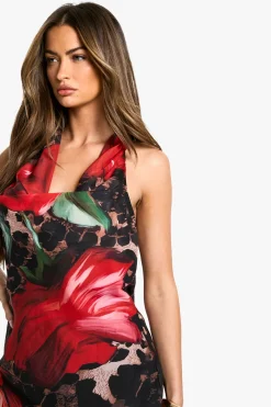 boohoo Robe Maxi Chiffon à Encolure Halter – Mix Léopard & Floral<Femme Robes|Imprimé Léopard