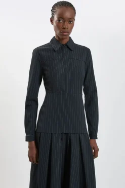Robe Maxi Cintrée À Rayures Tennis Avec Col Chemisier
