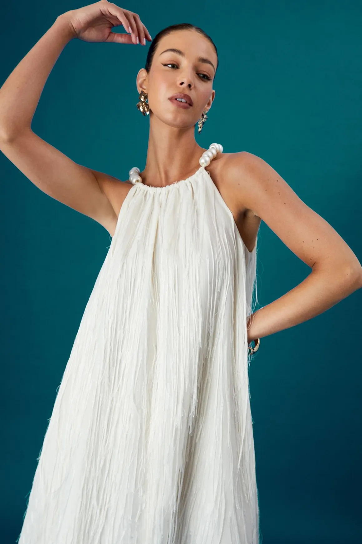 Robe Maxi Coast Muse à Ourlet Plumes et Perles Volumineuse