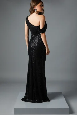 Robe Maxi à Col Bénitier et Sequins