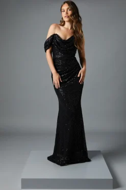 Robe Maxi à Col Bénitier et Sequins