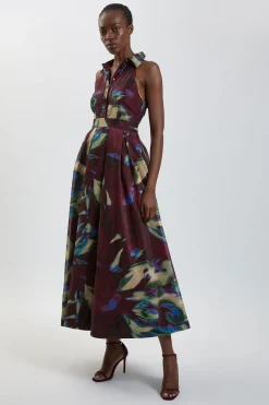 Robe Maxi Col Chemisier Organza Imprimé Abstrait