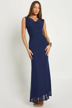 Robe maxi à col drapé en mesh et coupe colonne