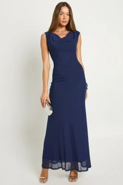 Robe maxi à col drapé en mesh et coupe colonne