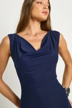 Robe maxi à col drapé en mesh et coupe colonne