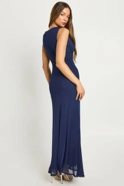 Robe maxi à col drapé en mesh et coupe colonne