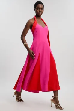 Robe Maxi Col Halter À Détails Color Block Tailleur Souple Petite