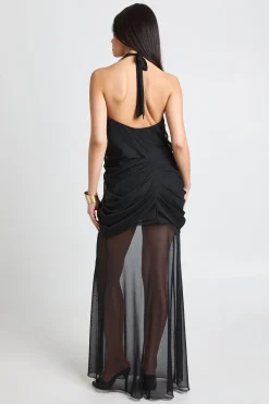 Robe Maxi à Col Halter Froncée avec Ourlet Transparent