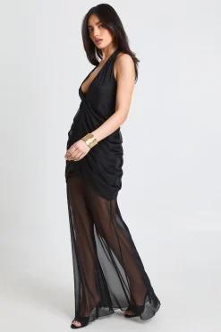 Robe Maxi à Col Halter Froncée avec Ourlet Transparent