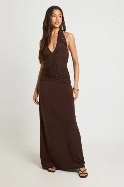 Robe Maxi À Col Licou Froncé Double Épaisseur