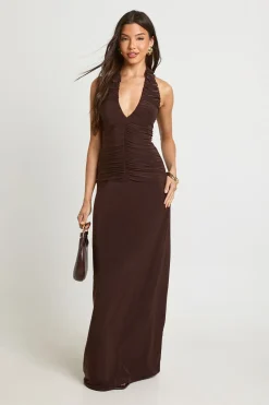Robe Maxi À Col Licou Froncé Double Épaisseur