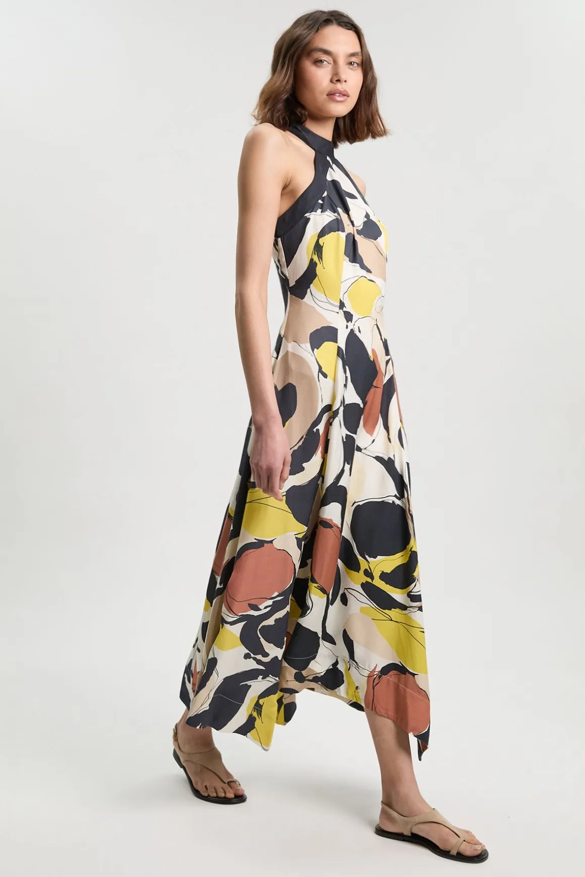 Robe Maxi Col Licou À Imprimé Abstrait En Lin Viscose Tissé