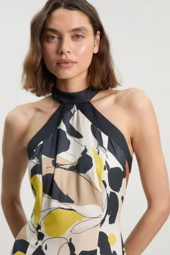 Robe Maxi Col Licou À Imprimé Abstrait En Lin Viscose Tissé