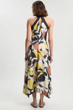 Robe Maxi Col Licou À Imprimé Abstrait En Lin Viscose Tissé